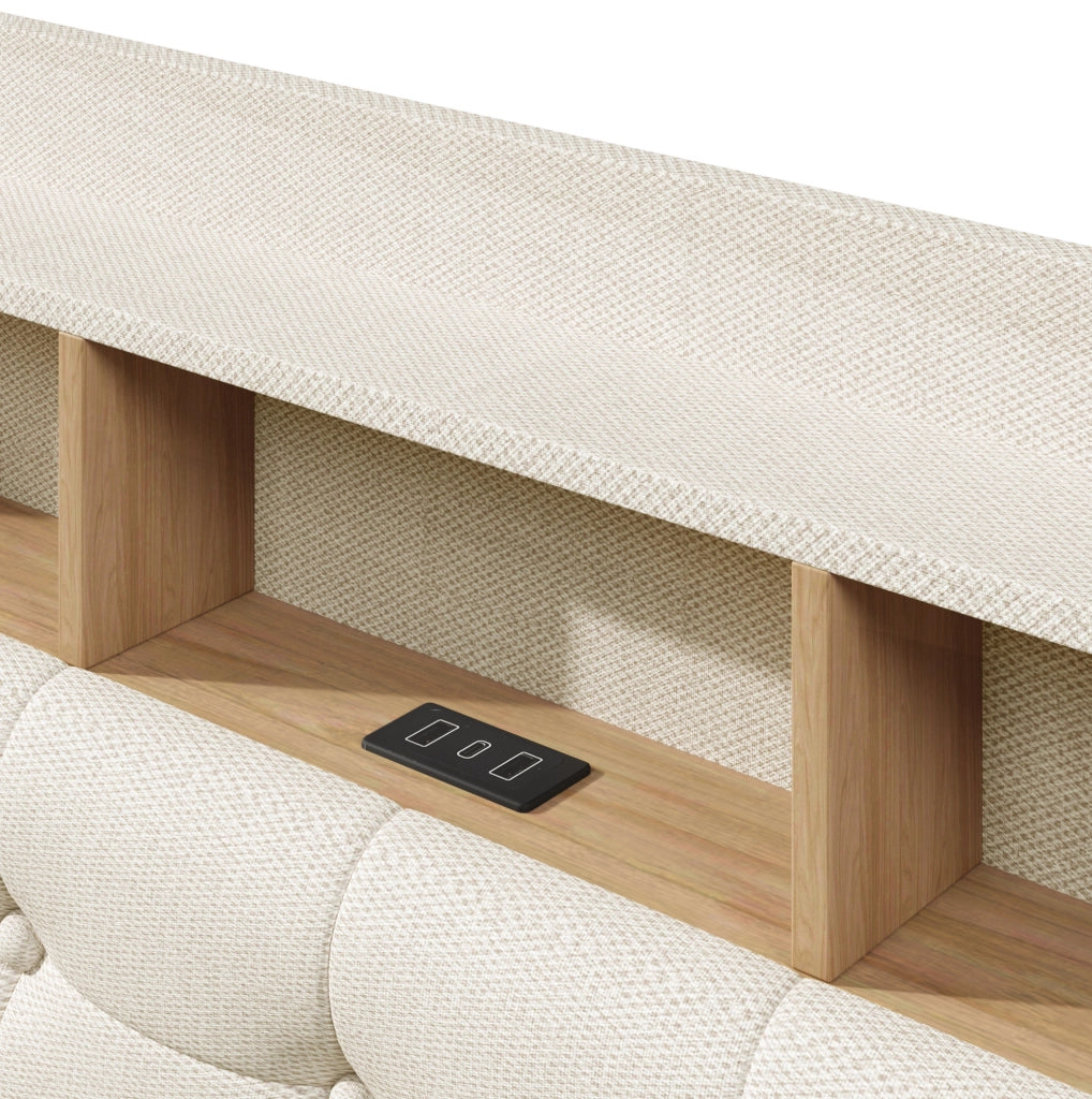 Letto imbottito 140x200 cm con contenitore idraulico e LED beige