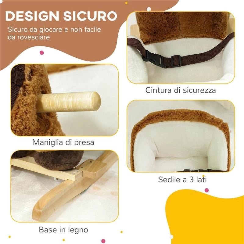 CAVALLO A DONDOLO PER BAMBINI 18-36 MESI CON SUONI BASE IN LEGNO E CINTURA DI SICUREZZA 68X33X45 CM MARRONE