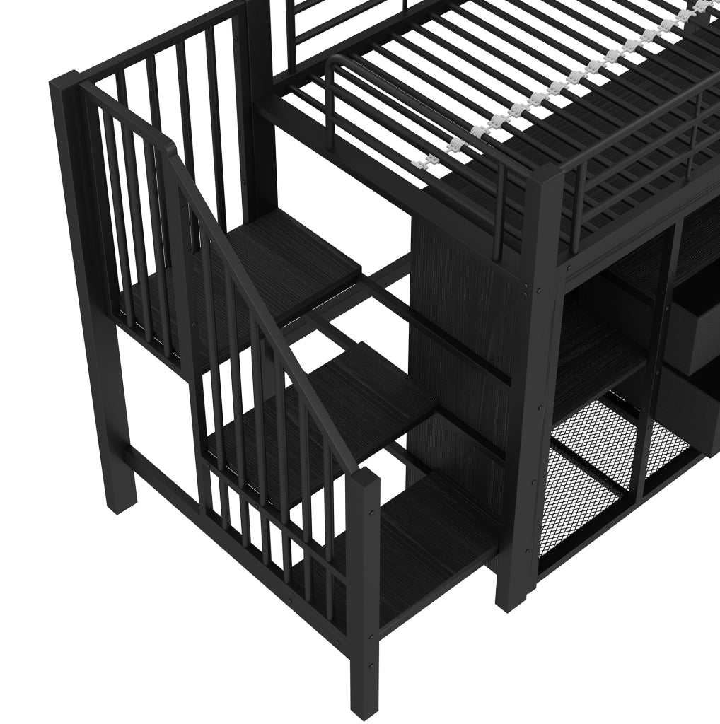 Letto a soppalco ULEVR 90x200 cm con 2 cassetti, zona appendiabiti aperta e LED multicolore, nero