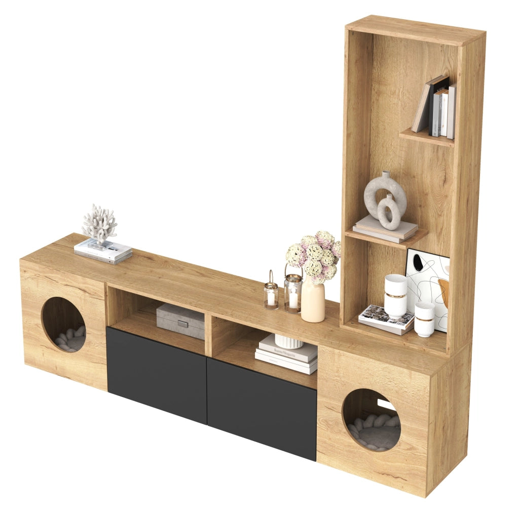MOBILE TV con Libreria e Area per Gatti 185x40x162 cm Nero e Naturale