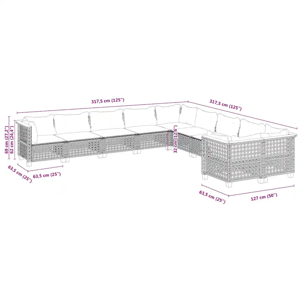 Set Divano da Giardino 10 pz con Cuscini Beige in Polyrattan