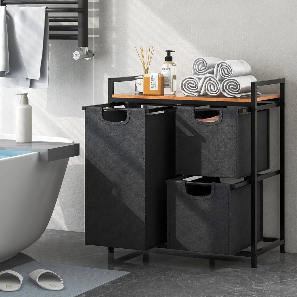 Cesto porta biancheria freestanding, Cestino porta biancheria con 3 sacchi rimovibili, Ampio piano, Mobile salvaspazio per biancheria sporca con 3 ceste per lavanderia, camera, bagno