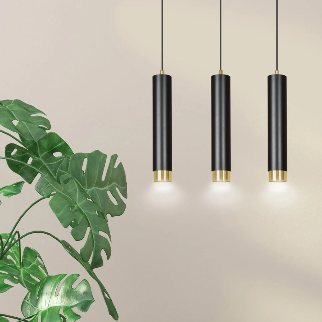 Lampadario 3 Luci Brunilde In Acciaio Nero E Tubolari In Nero E Oro
