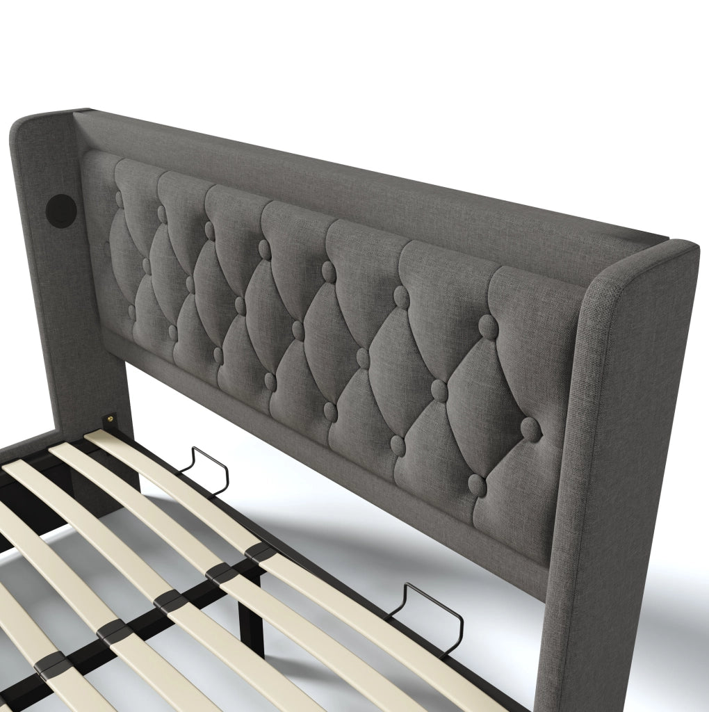 Letto 180x200 cm con contenitore idraulico, LED e USB-C in cotone grigio