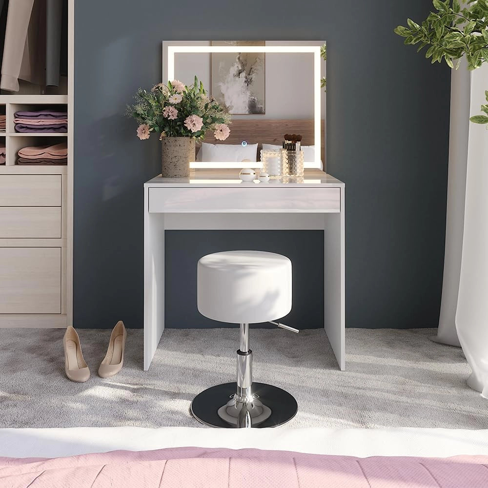 Tavolo da toeletta Sherry, Bianco/bianco lucido, 81.4 cm con specchio LED e sgabello