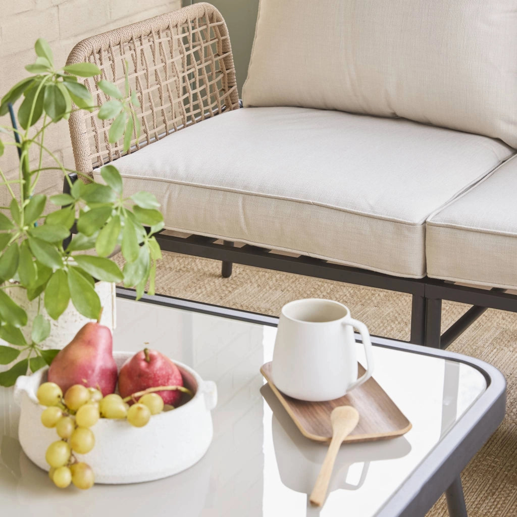 Salotto da giardino angolare in acciaio e corda, 5 posti, beige