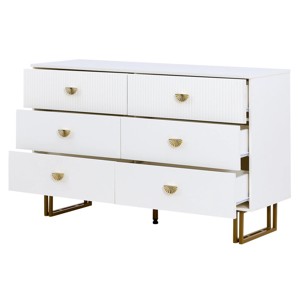 Credenza con 6 Cassetti; Maniglie in Lega di Zinco e Gambe in Acciaio; Moderna; in MDF; Bianco; 120??40??75 cm