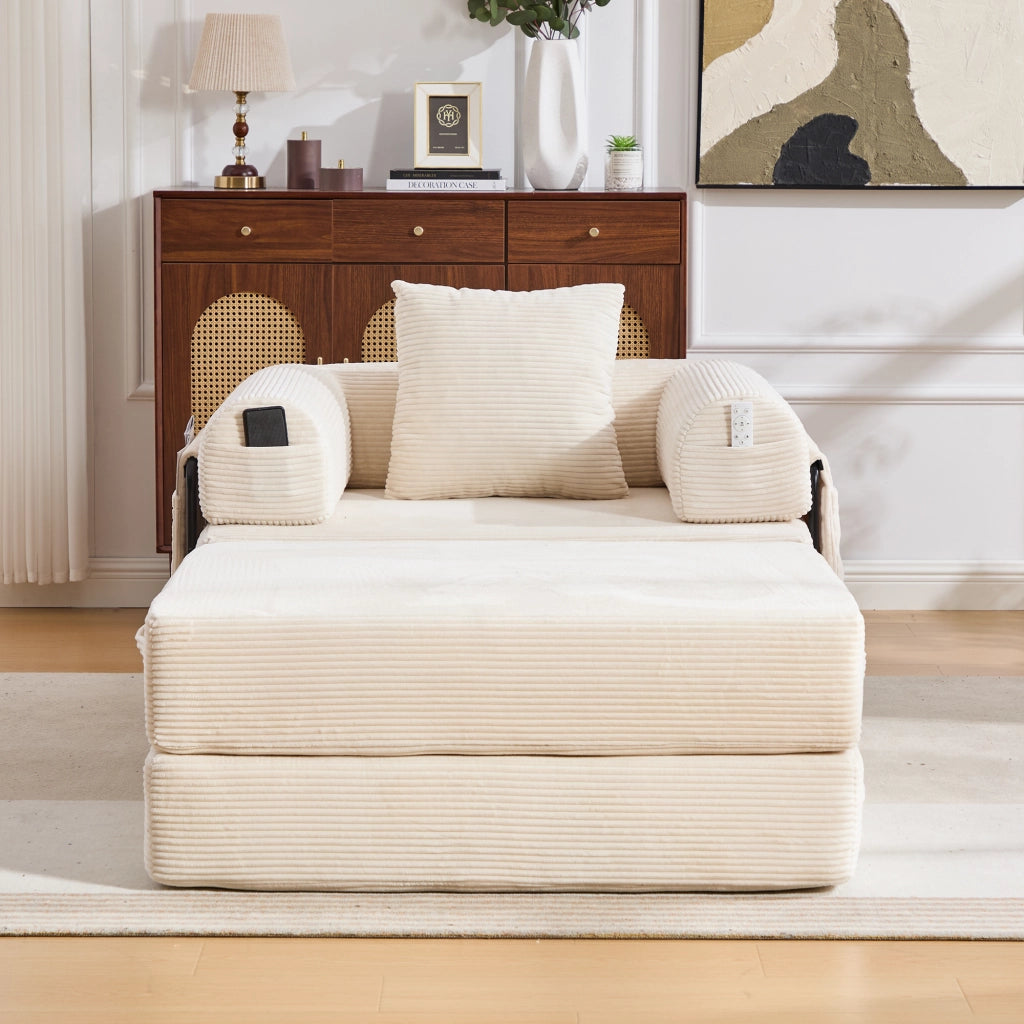 Reposapiedi Convertibile Pieghevole in Velluto a coste con Funzione Letto, Beige
