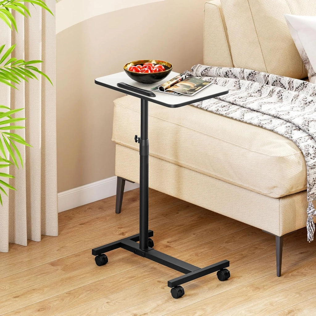 Tavolino Servitore con Altezza Regolabile, Ruote Bloccabili, Piano Girevole a 360° e Inclinabile con Fermo Bordo, Tavolino a Forma di C per Soggiorno, Camera da Letto e Studio (Grigio)