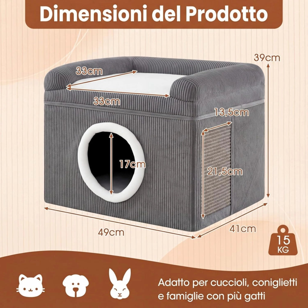 Cuccia per Gatti da Interno, Grande Casetta per Gattini a 2 Livelli con Condo Accogliente, Tappeto da Graffio in Sisal, Cuscino Morbido, Casetta Pieghevole per Animali (Grigio)