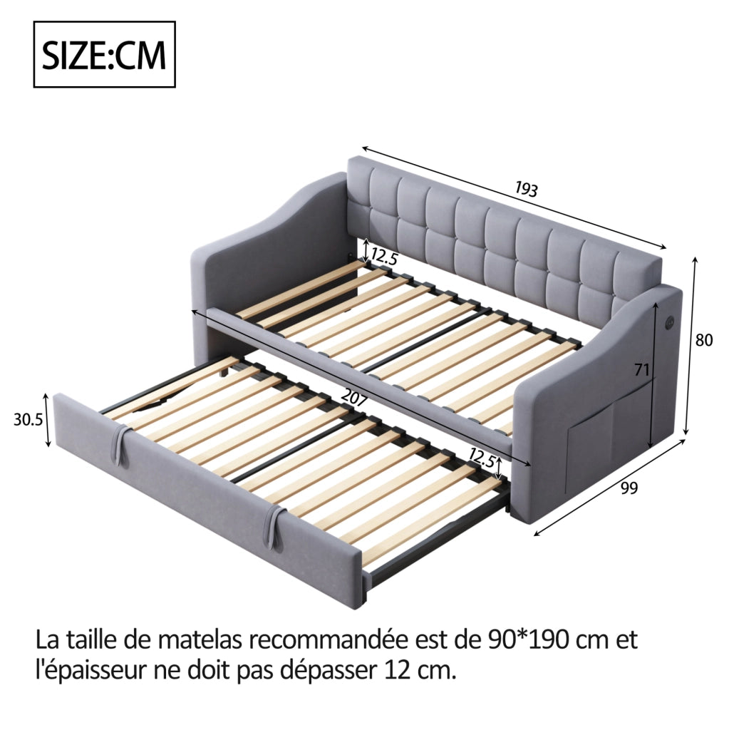 Divano letto 2 in 1 in velluto grigio con contenitore e prese USB, 90/180 cm