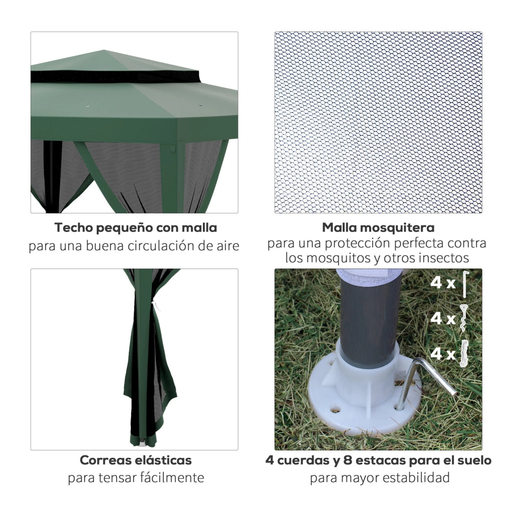 Gazebo da giardino 3x3 m ¨C Minimal ¨C verde con 4 zanzariere laterali e tetto doppio