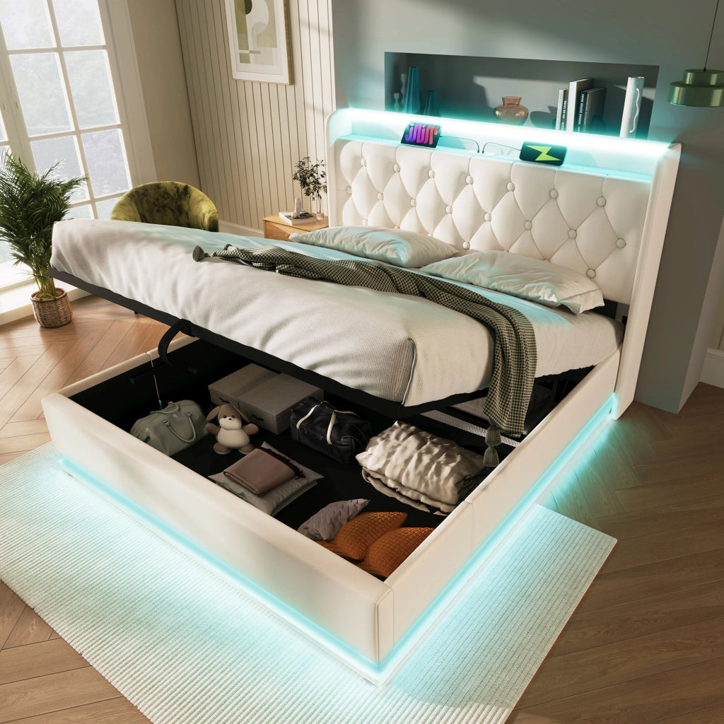 Letto imbottito idraulico con LED USB 140x190 cm colore PU bianco