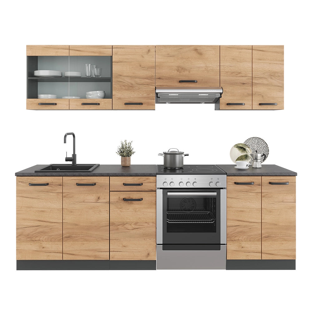 Vicco Cucina componibile Quercia dorata/antracite 240 cm , PL Fantasia nera