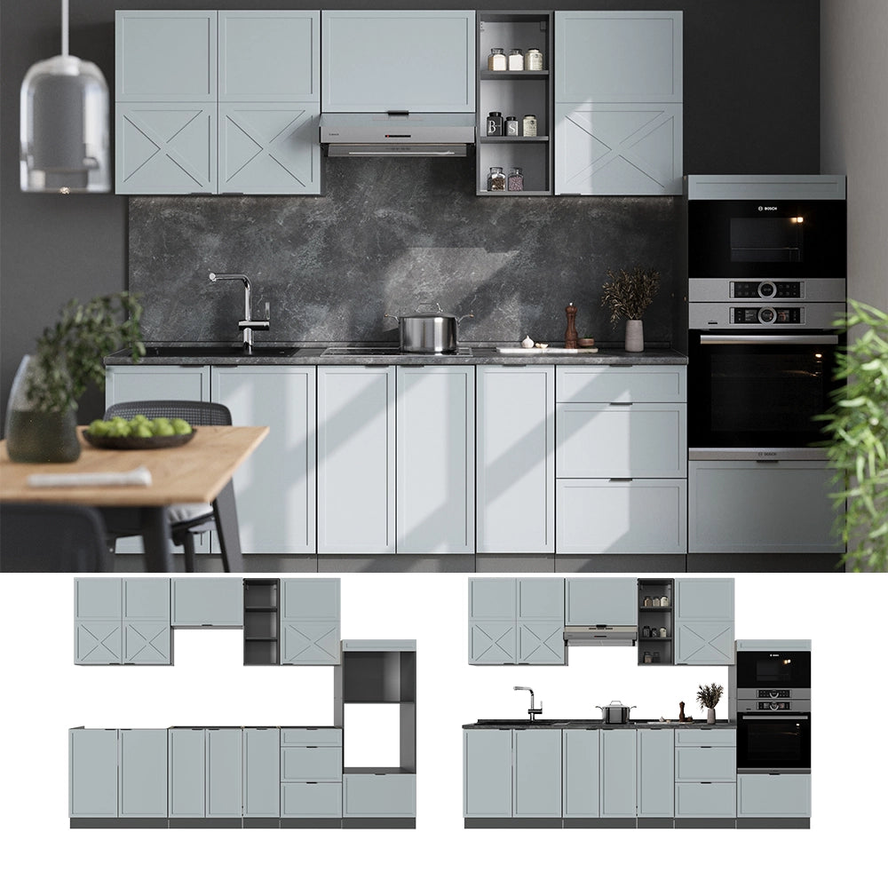 Cucina componibile Fame-Line Blu-grigio chiaro/Antracite 280 cm, PL Marmo Vicco