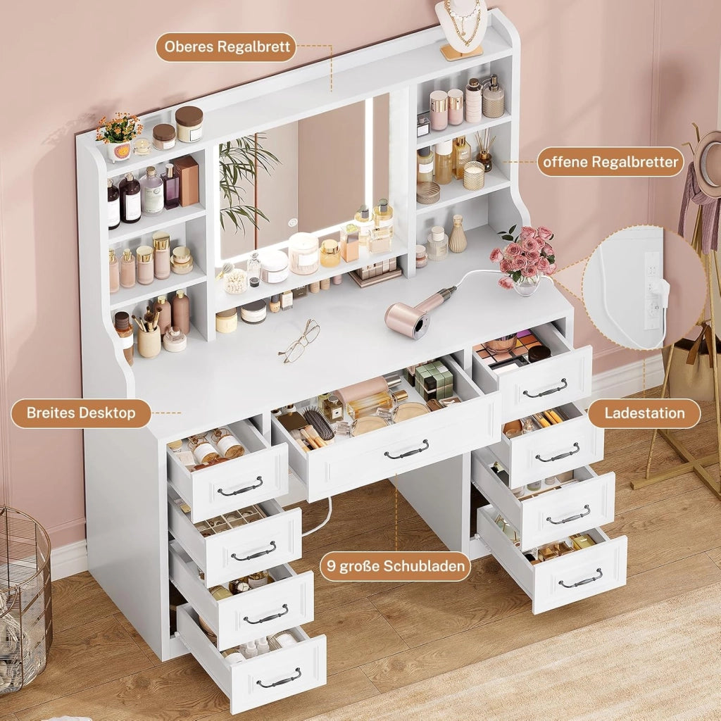 Toeletta da Trucco con Specchio, Toeletta con Luce LED, 3 Colori, Luminosità Regolabile, Postazione Trucco con 9 Cassetti e 6 Ripiani Aperti, Stile europeo elegante, Bianco