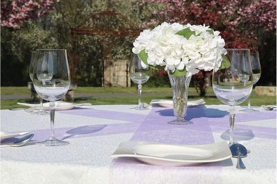 Tessuto decorativo per tavolo in rilievo per matrimoni, comunioni, battesimi - 30cm/25m rotolo (velo lilla)