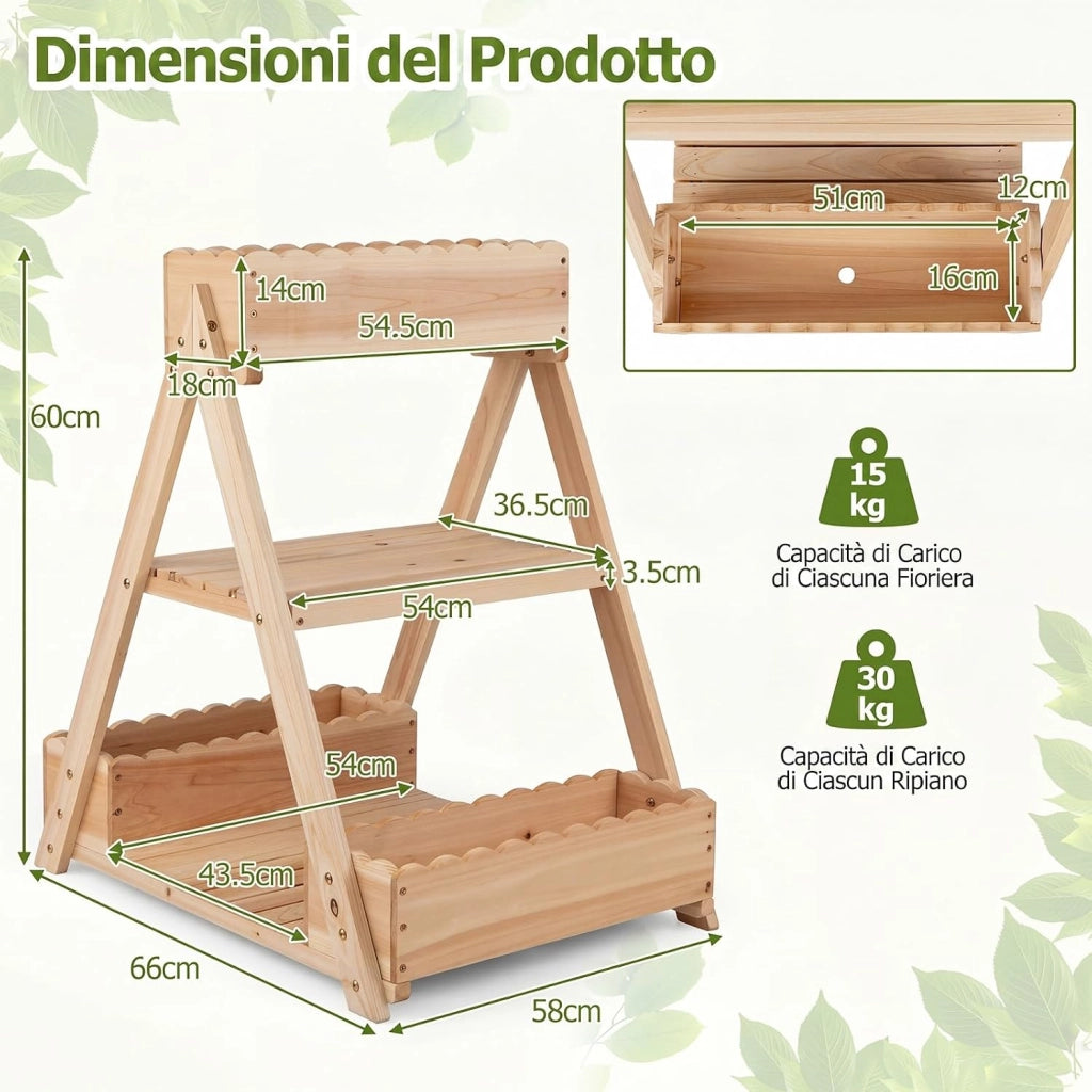 Orto Rialzato da Giardino a 3 Livelli, Fioriera Rialzata in Legno Massello con 3 Vasi e 2 Ripiani, Fioriere Verticali a Scale da Esterno e Interno per Balcone e Terrazza, 66 x 58 x 60 cm