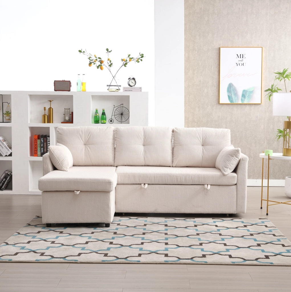 Divano letto modulare beige in velluto a coste con contenitore