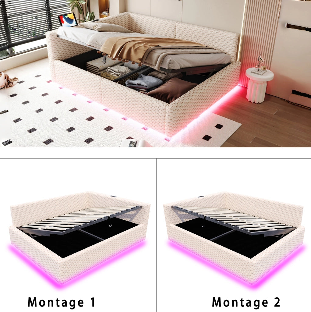 Letto imbottito 140x200 cm beige con LED, USB e Type-C