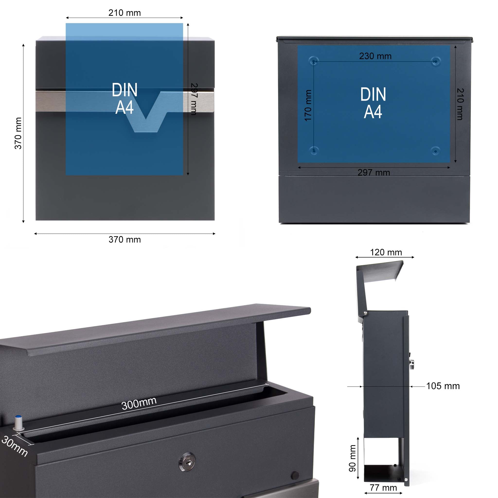 Cassetta postale V60 con portagiornale, antracite e inox, soft-close, 370 x 105 x 370 mm