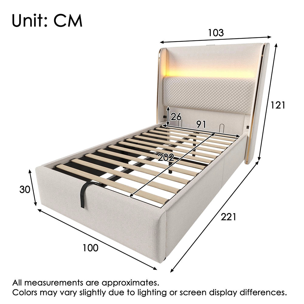 Letto Singolo Moderno 90x200cm - Xylo - Testiera Alta Idraulica LED e USB, Tessuto Lino Beige