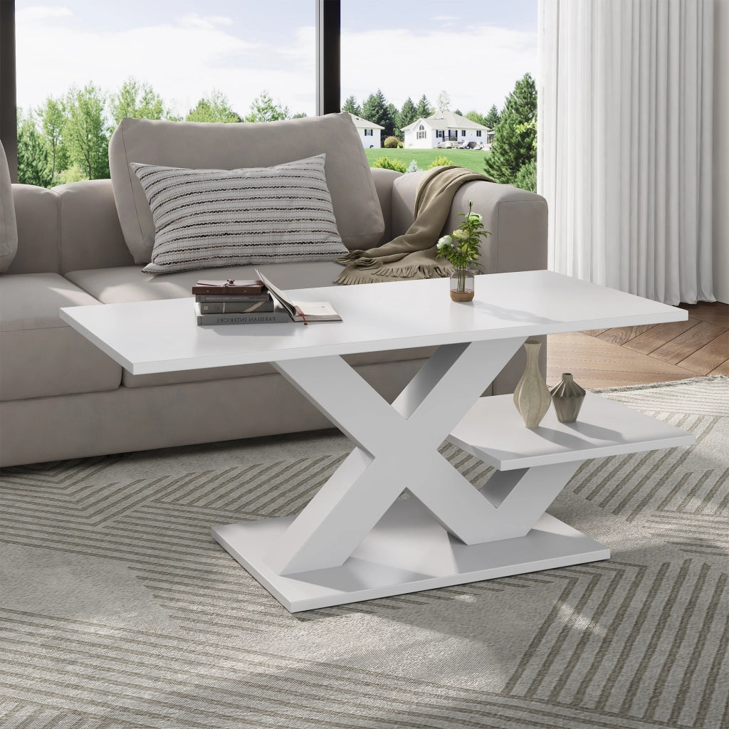 Tavolino da caffè con doppio piano e gambe geometriche - per soggiorno - 100×48×45 cm - bianco