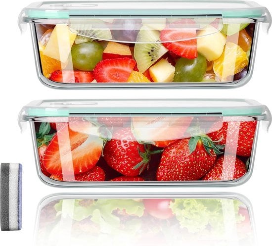 Contenitori di conservazione alimentare, vasi di conservazione in vetro con set di coperchi, resistenti a lavastoviglie, forno a microonde e congelatore, impermeabili, BPA liberi, 2 x 640 ml e 1 spugna per la pulizia