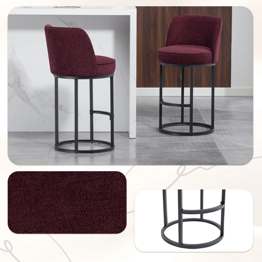 Set di 2 Sgabelli da Bar con Schienale Ergonomico e Poggiapiedi; per Cucina e Bancone; Lino Rosso Vino
