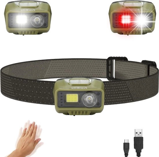 Lampada da testa LED caricabile 500 lumen verde - 5 modi luce rossa - sensore di movimento - peso leggero 80 g - per jogging, camminata, campeggio - inclusa cavo micro-USB lampada da testa LED LED caricabile