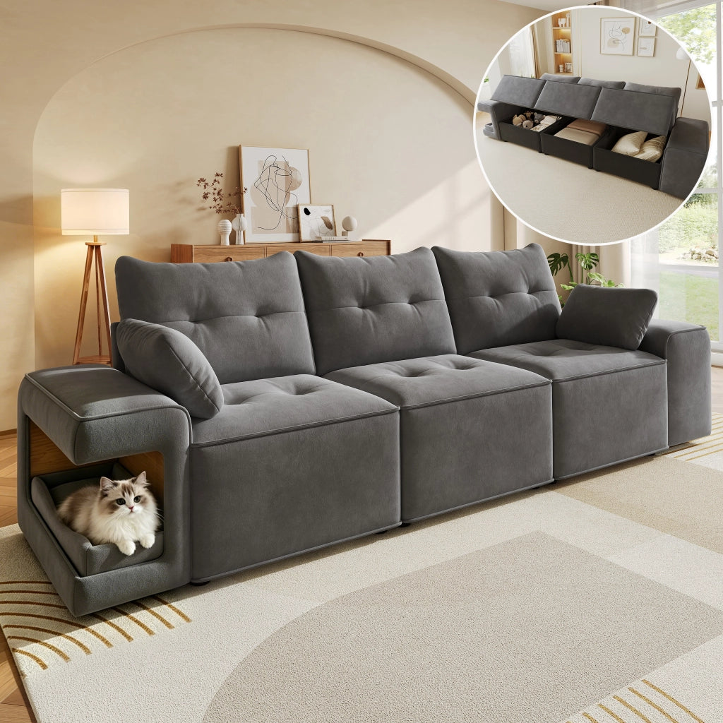 Divano modulare a 3 posti con braccioli larghi e vani portaoggetti, nicchie per animali in velluto grigio 229,5 × 78 × 84 cm