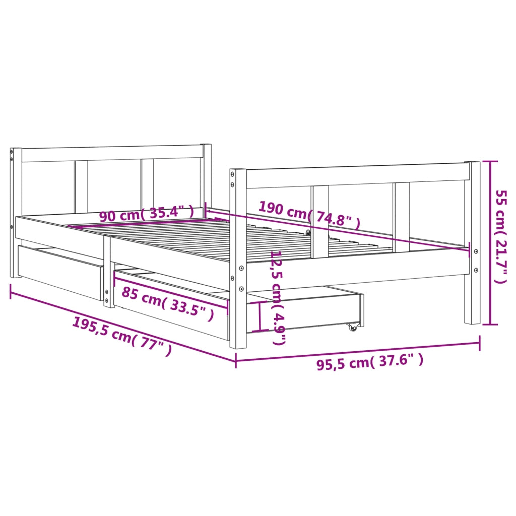Giroletto per Bambini | Letto Infantile | Lettino con Cassetti Nero 90x190 cm Massello Pino