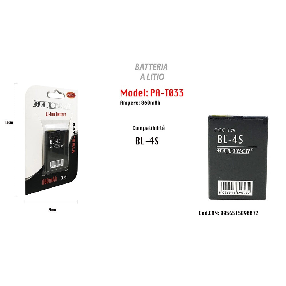 Trade Shop - Batteria Compatibile Con Bl-4s 860 Mah Li-ion 3,7v Smartphone Maxtech Pa-t033 -