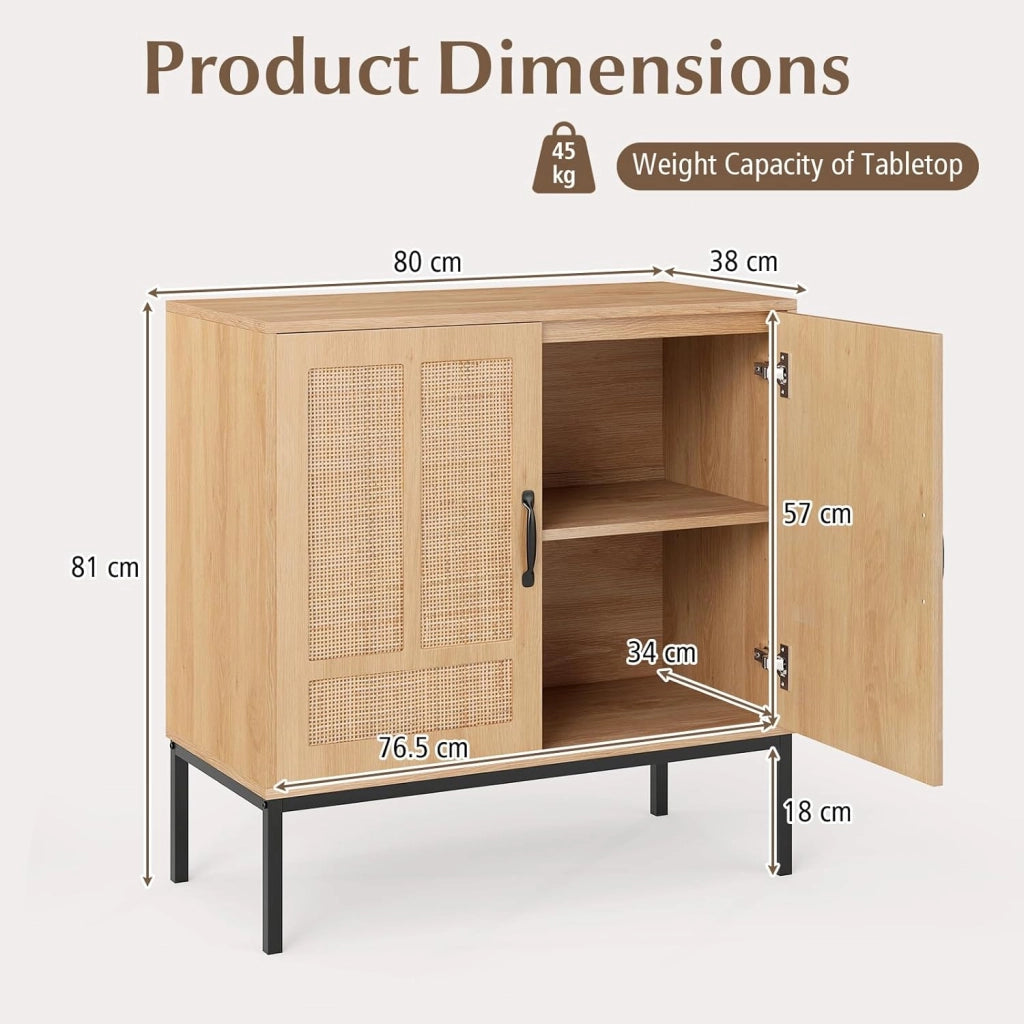 Credenza Cucina con 2 Ante in Rattan, Ripiano Regolabile in 3 Posizioni, Gambe in Metallo, Kit Antiribaltamento, Mobile Cucina Dispensa, Mobiletto per Soggiorno, Sala da Pranzo (Naturale)