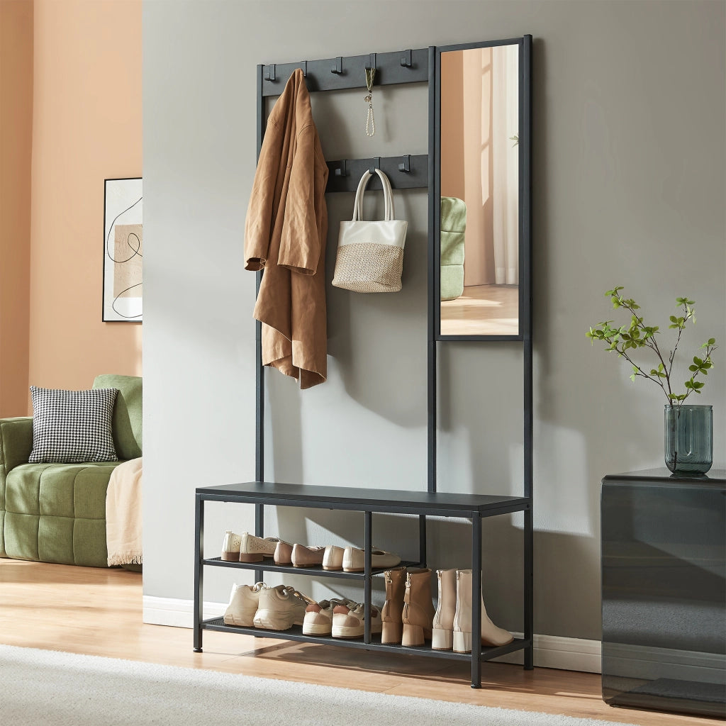 Stand Appendiabiti Napinerg con Specchio Panca e Scarpiera 185 x 98 x 34 cm - Nero [en.casa]