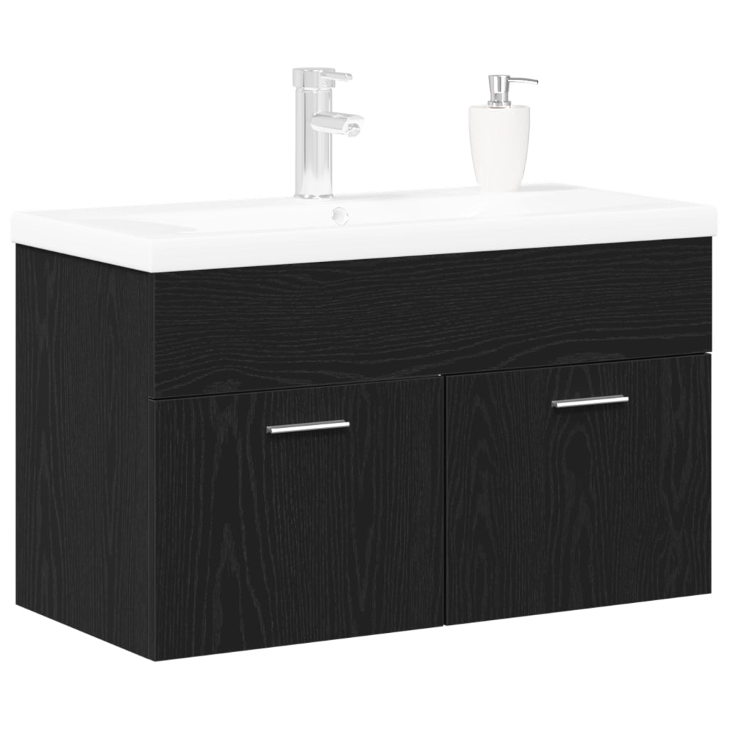 Mobile con Lavabo da Bagno con Bacino Integrato Rovere Nero Legno Ingegnerizzato