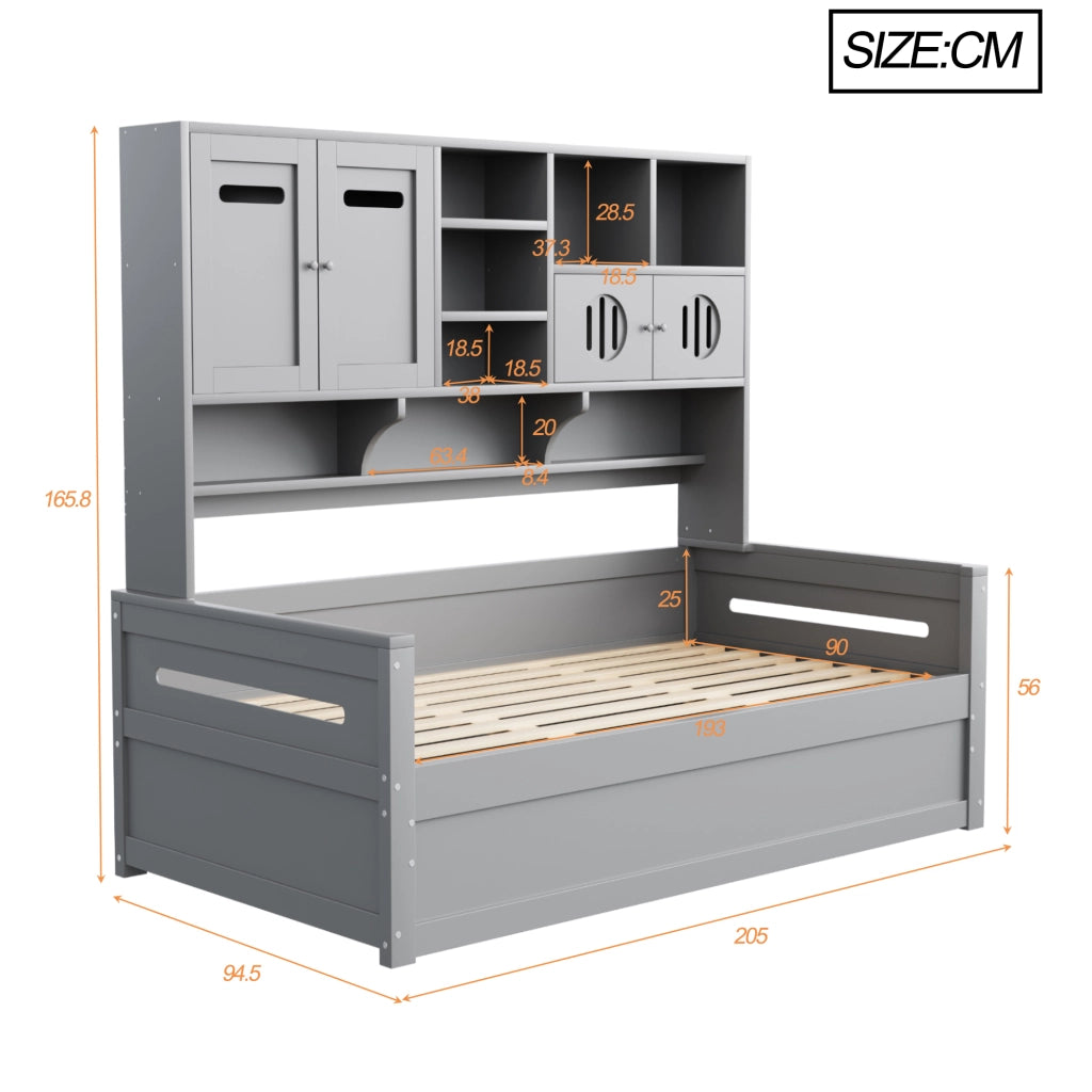 LETTO Singolo 90x200 cm in Legno Grigio con vano contenitore idraulico