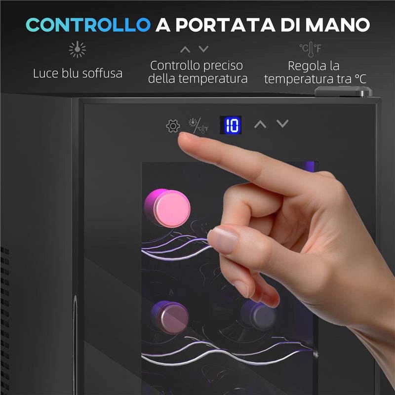 CANTINETTA VINO REFRIGERATA PER 8 BOTTIGLIE CAPACITÀ 21L DISPLAY TOUCH E RIPIANI REGOLABILI NERO 51.5X26.5X47.5 CM