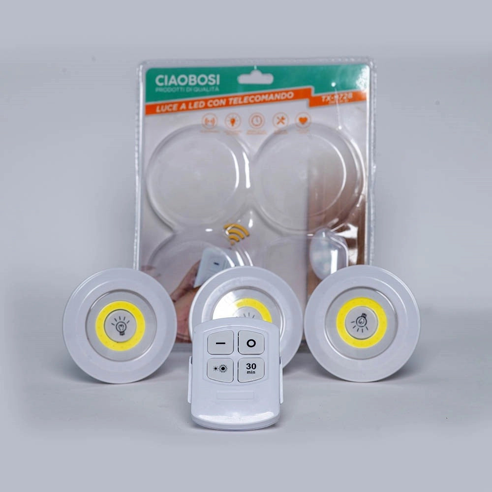 Trade Shop - Set 3 Luci Led Cob Con Telecomando Luce Regolabile Lampada Disco Armadio Tx-9728 -