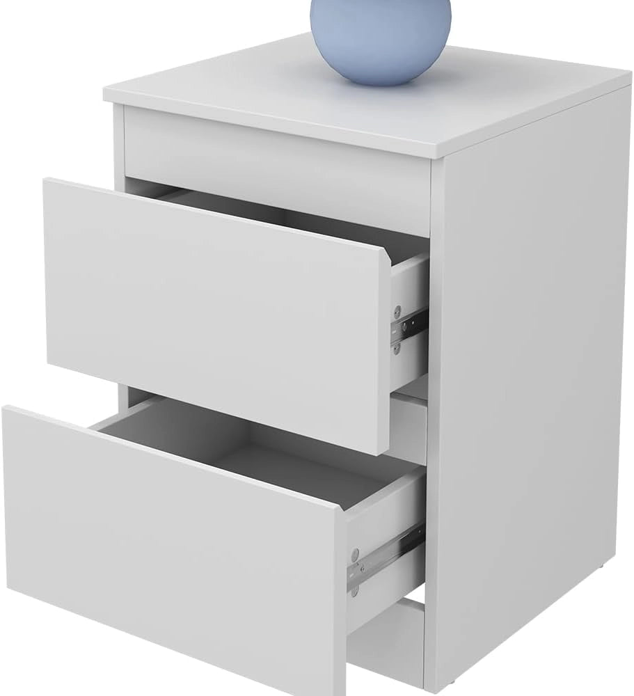 Comodino Calisto, Bianco, 40 x 55 cm, con superficie d'appoggio e passacavi per dispositivi