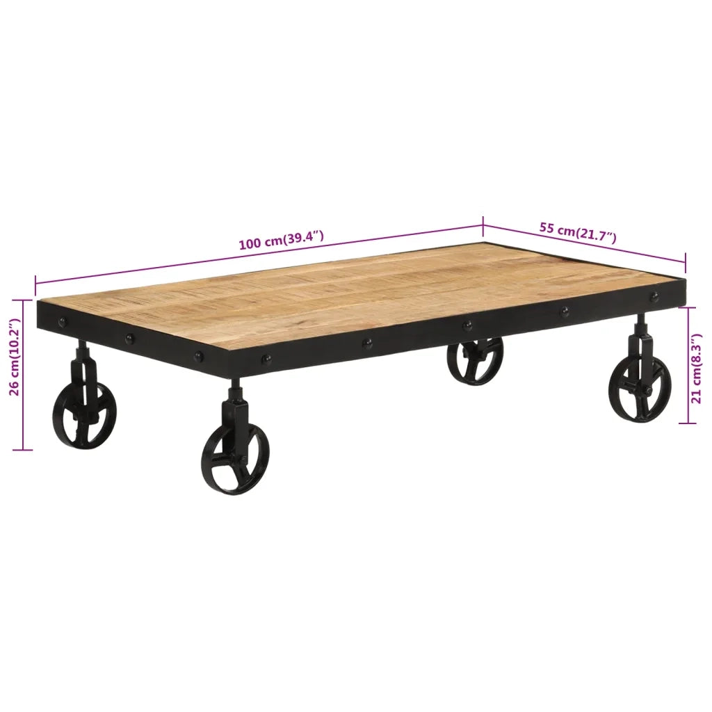 Tavolino da Salotto con Ruote Legno Massello Mango 100x55x26 cm
