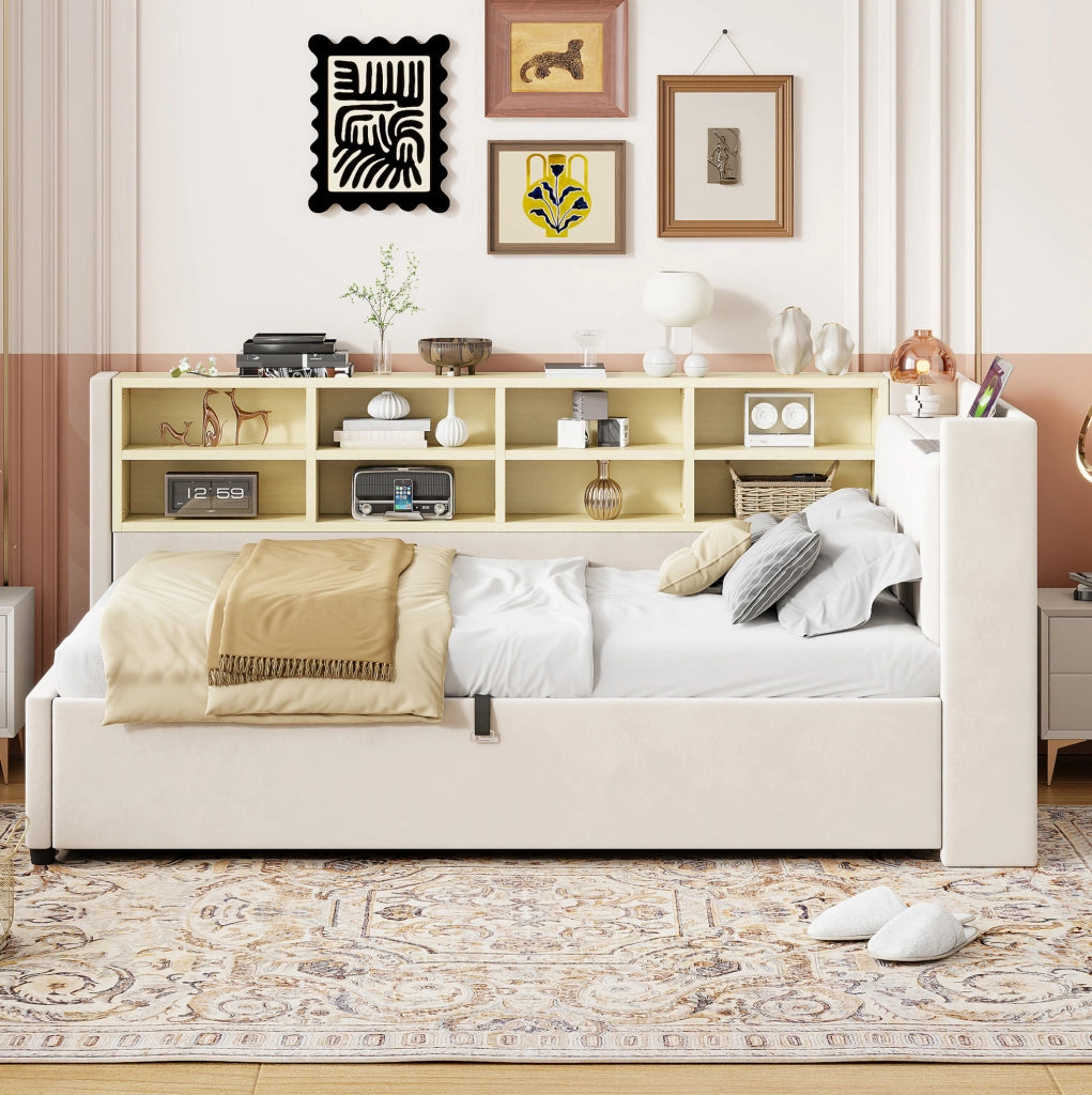 Letto imbottito singolo 90x200 cm in velluto beige con contenitore idraulico; USB e Type-C