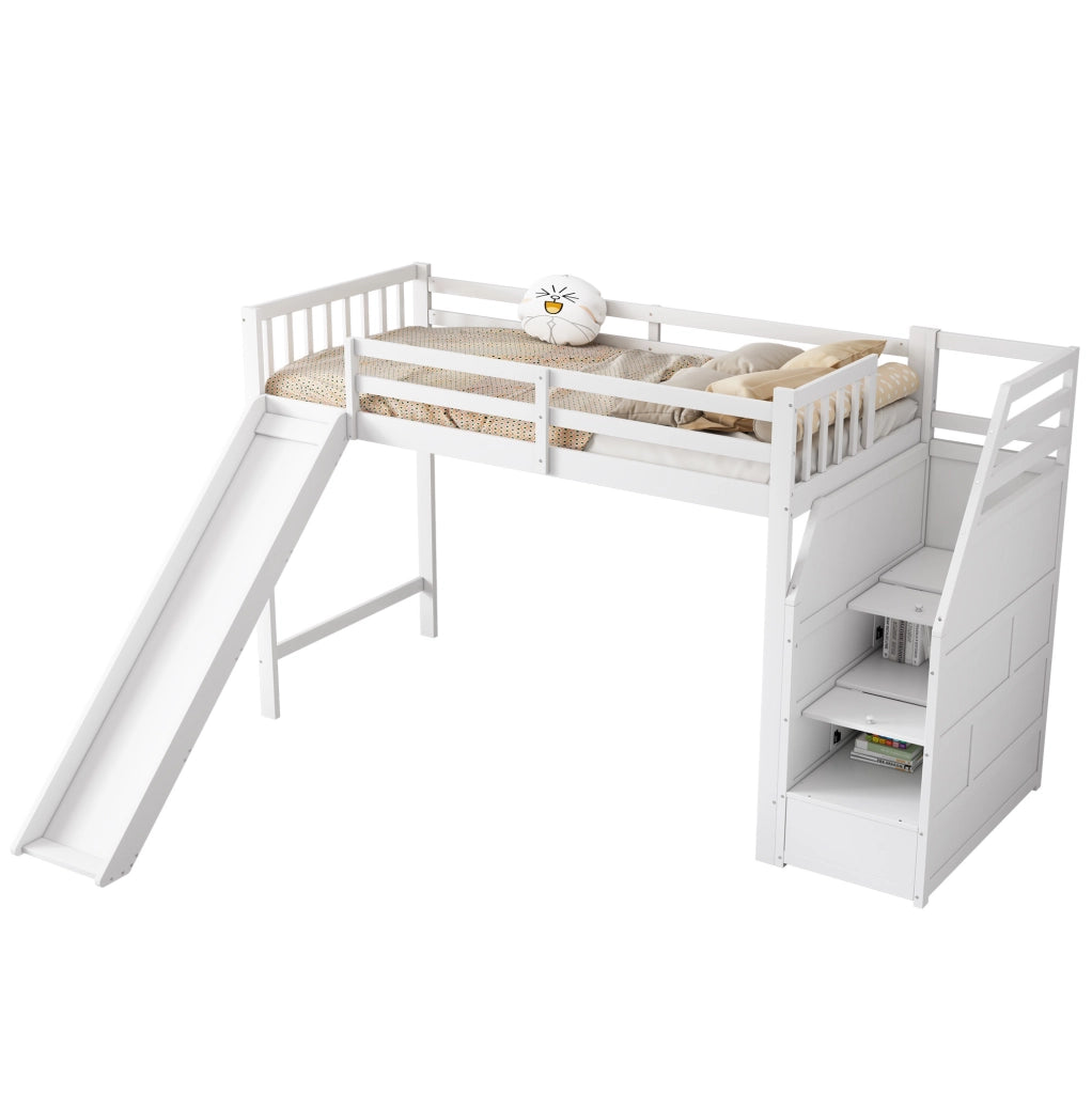 Letto a soppalco 90x200 cm con scivolo e scala portaoggetti in legno bianco