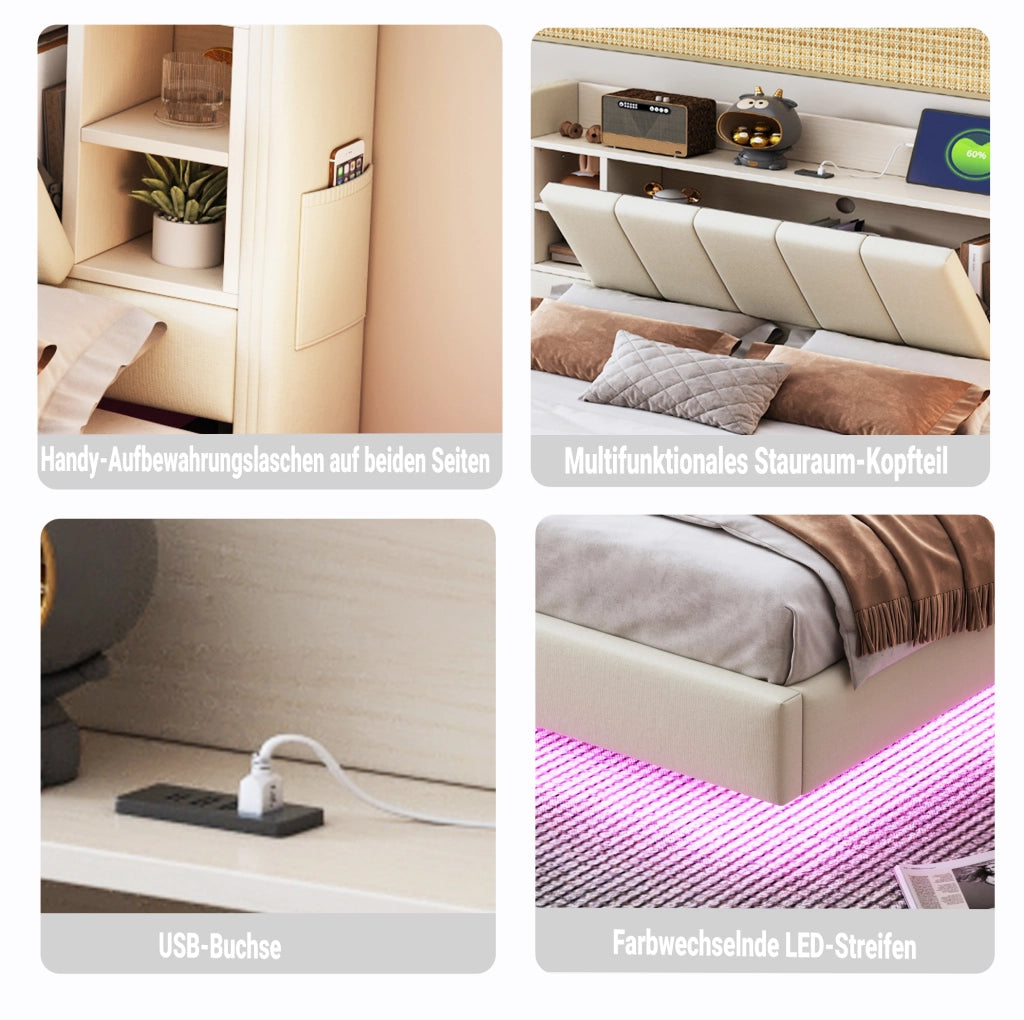 Letto matrimoniale imbottito 140x200 cm beige con LED e USB