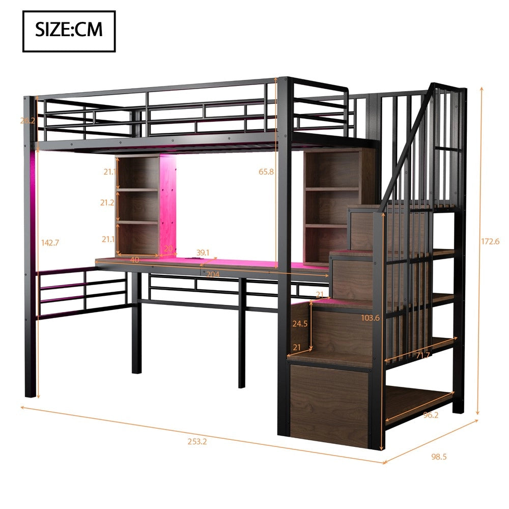 Letto a Soppalco 90x200 con Scrivania, LED e Scala Contenitore ¨C Xylo ¨C Nero, Metallo