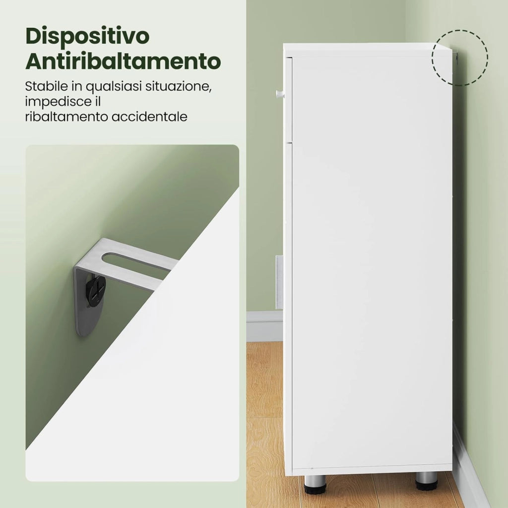 Mobiletto da Bagno Salvaspazio a Colonna, Armadietto in Legno, Mobile da Bagno a Terra, con Cassetto, Anta e Ripiano Regolabile, Bianco