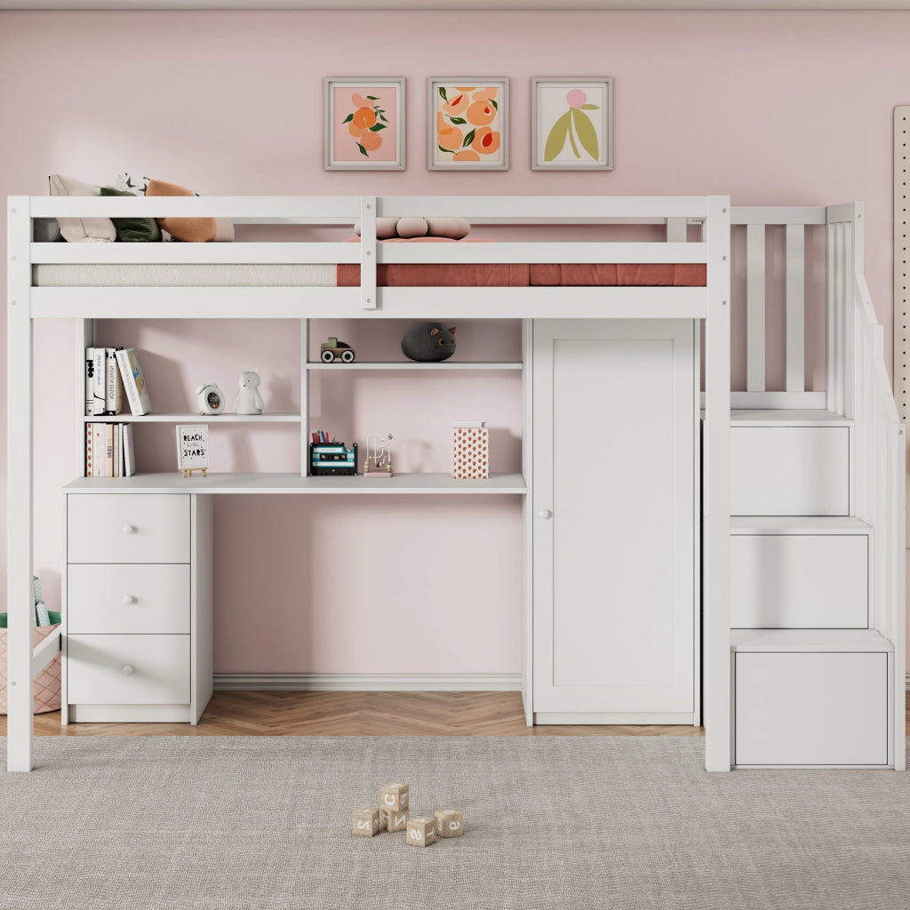 Letto a soppalco multifunzionale 90x200 cm con scrivania, armadio e cassetti, bianco