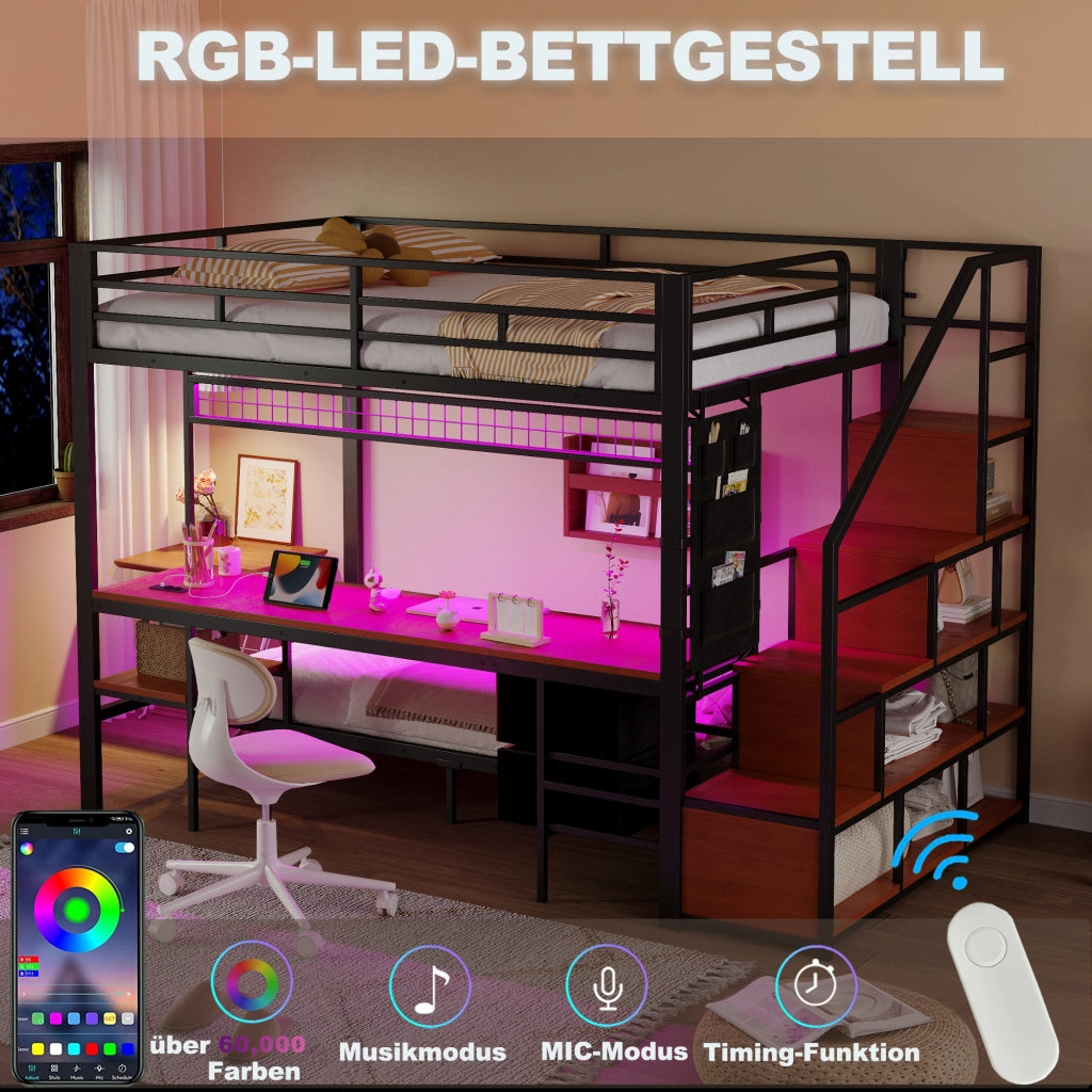 OKWISH Letto a soppalco 140×200 cm e 90×200 cm, Letto 3 Posti con Scrivania, LED, Prese e Cassetti in Tessuto, senza Materasso, Nero
