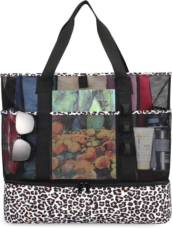 Tote mesh strandtas 8 zaken, koeltas waterdicht