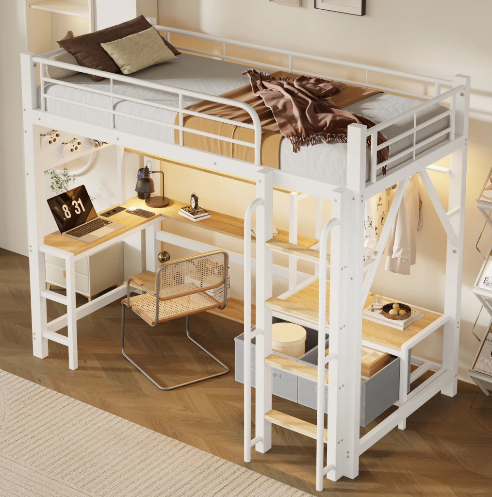 Letto a soppalco bianco 90 x 200 cm con scrivania, LED e USB